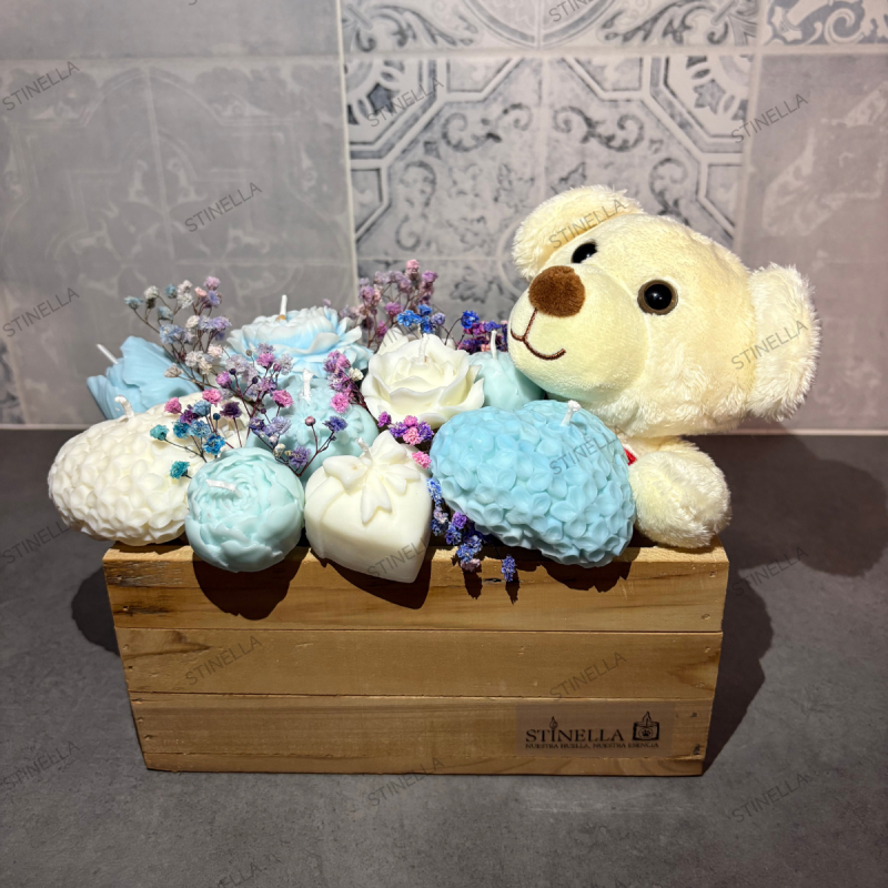 Caja Rústica con Oso y Velas de Soja | Regalo Artesanal Original