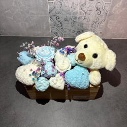 Caja Rústica con Oso y Flores de Cera